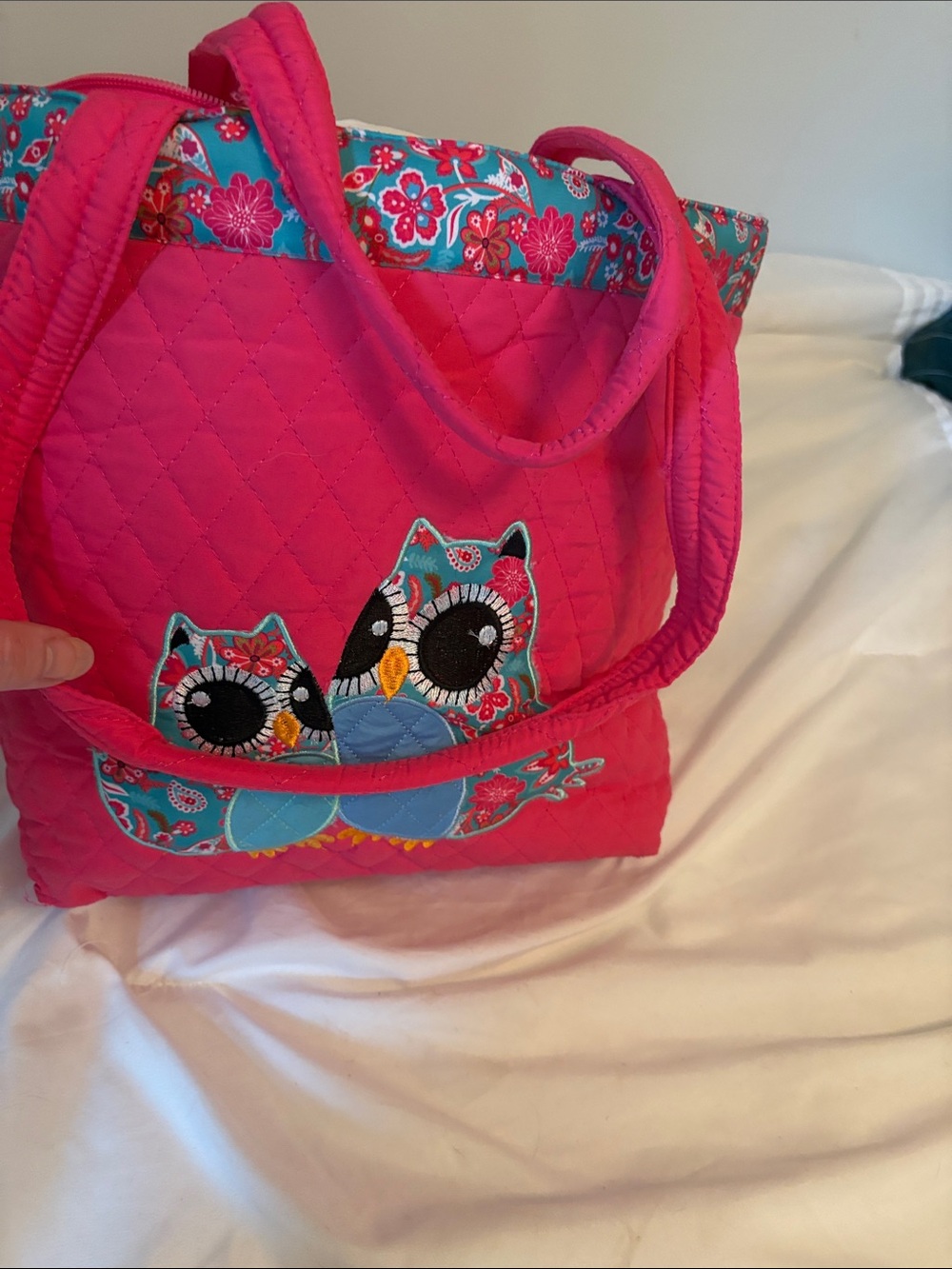 Hot Pink Quilted Tote with Owl Appliqué nwot